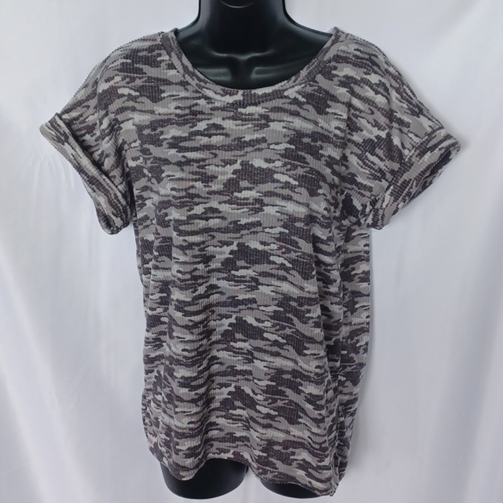 Lucky Brand Shirt Womens XL Camo Gray Round Neck Short Sleeve Stretch Tee